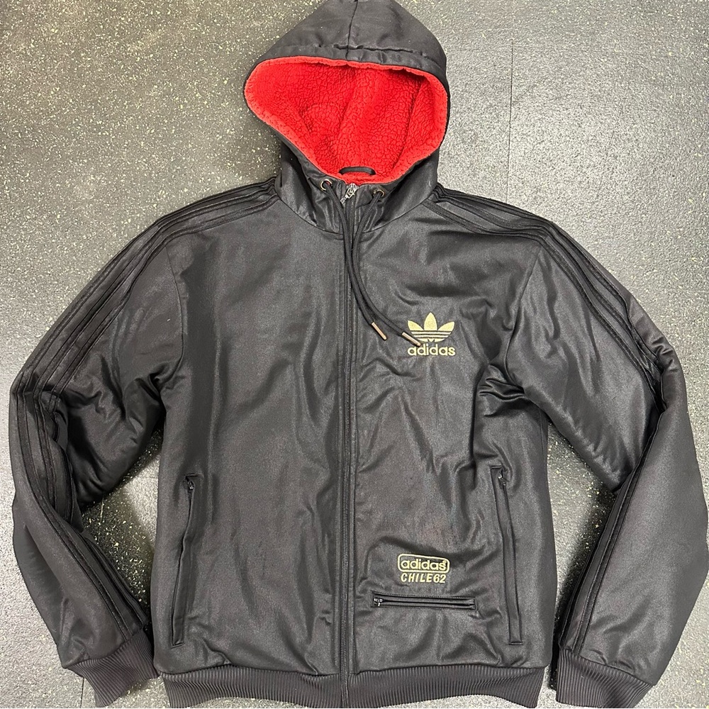 Adidas Black Bomber Jacket with Red Hood, Chile 62, Vintage & Rare